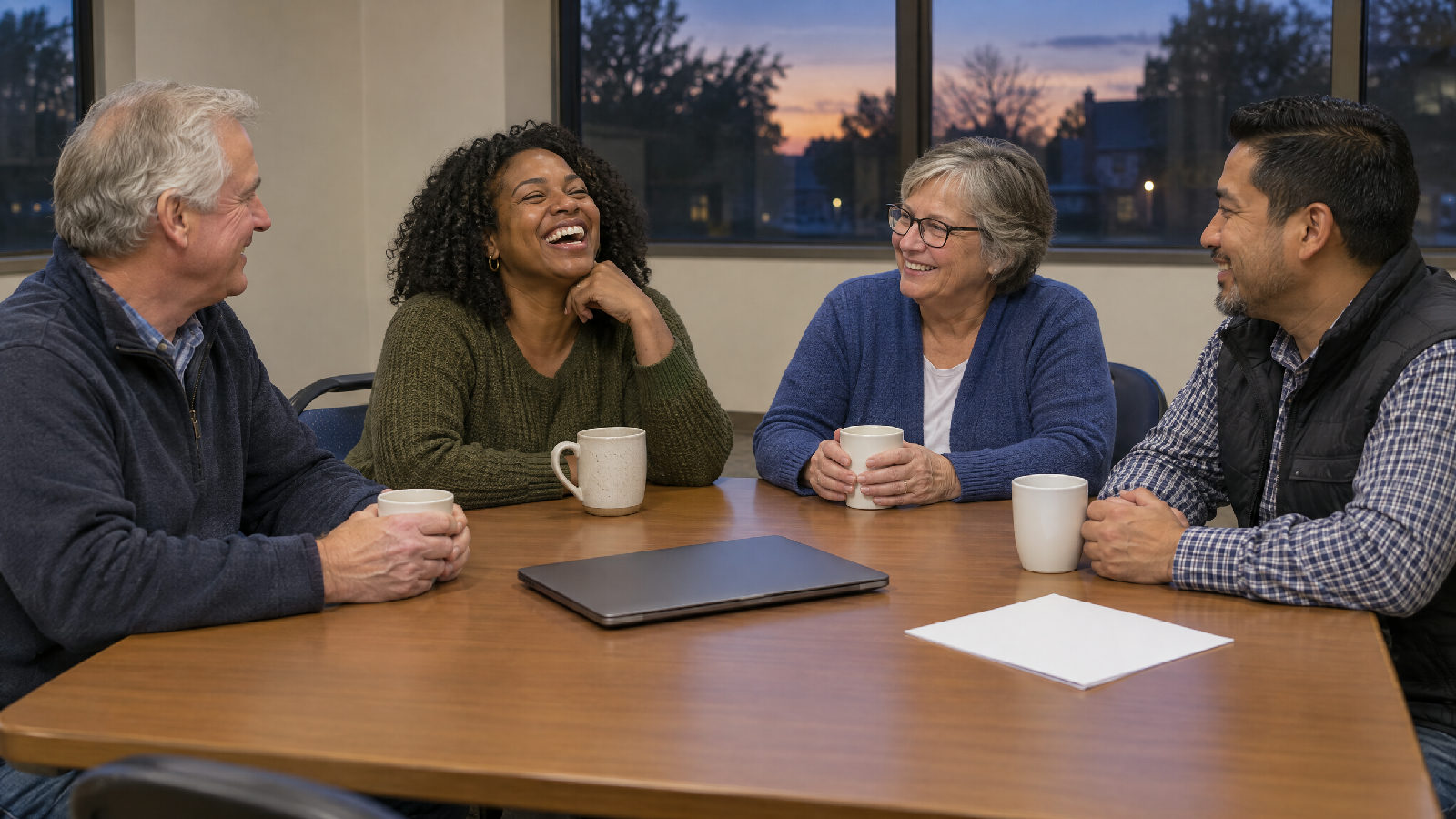 Four board members relaxed around a clubhouse table after a meeting, one laughing, coffee cups on the table