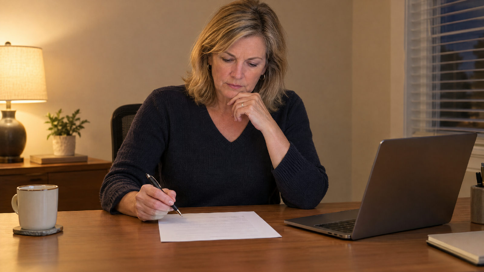 A board member at her desk reading a printed draft with a pen poised, deciding before she signs