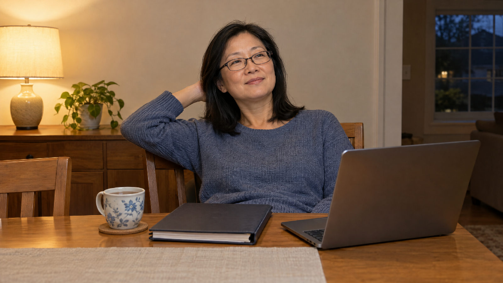 A treasurer at her dining table leaning back with a calm look after finishing the month, laptop and closed ledger beside her