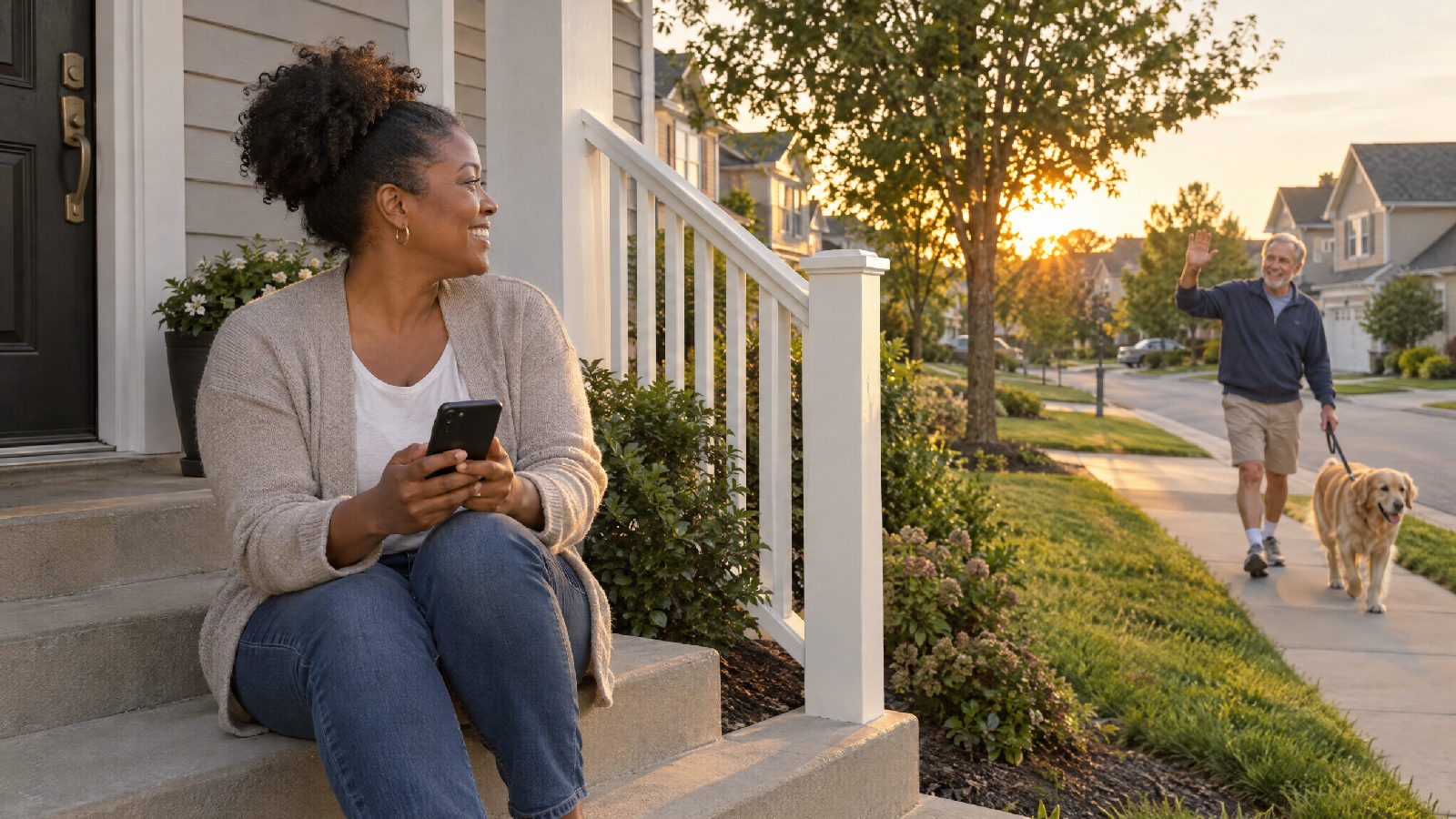A resident on her front steps finishing a payment on her phone while a neighbour waves from the sidewalk