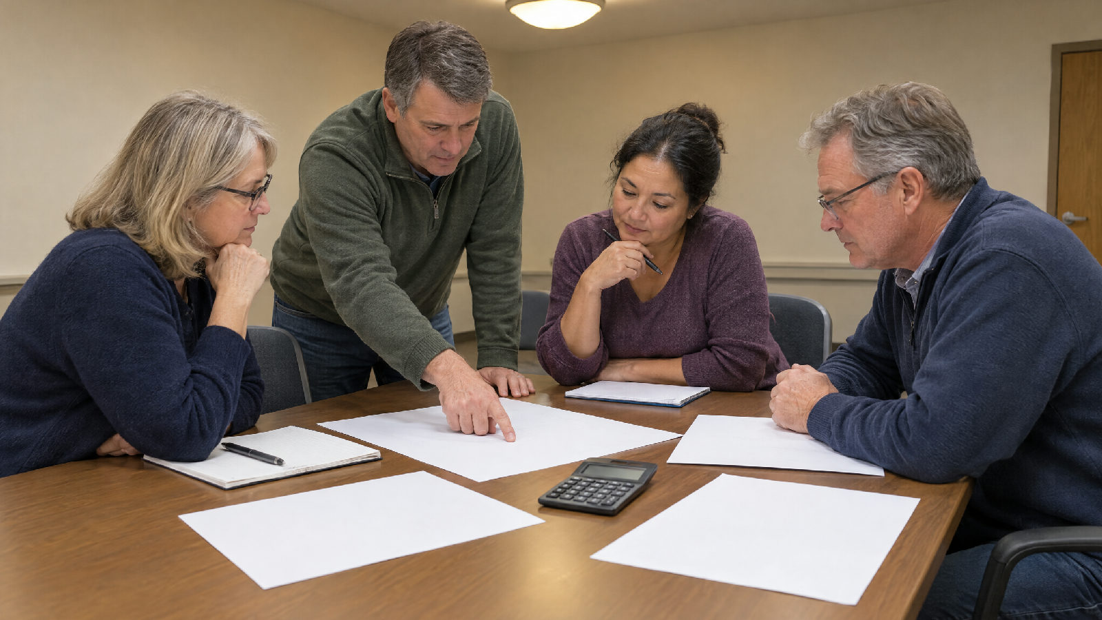 Four board members leaning over blank planning sheets, planning next year