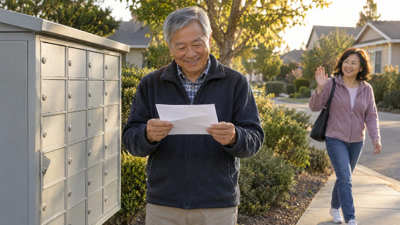 A resident reading a letter at the community mailboxes and smiling