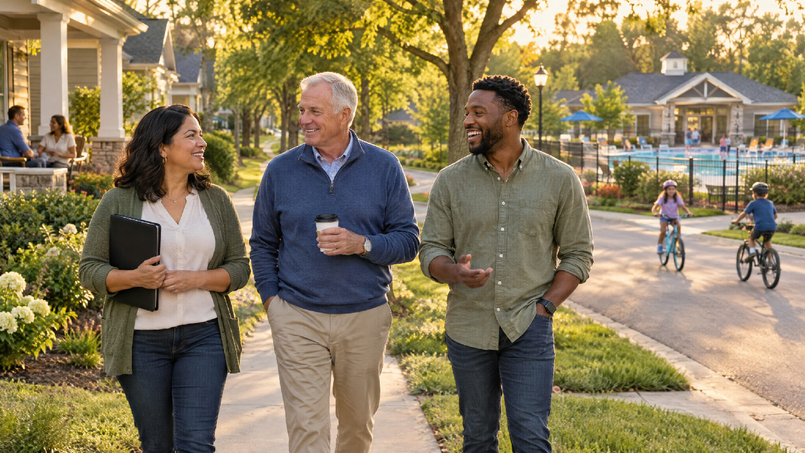 Three board members walking and talking along a tree-lined street in the late afternoon while neighbours ride bikes and sit on their porches