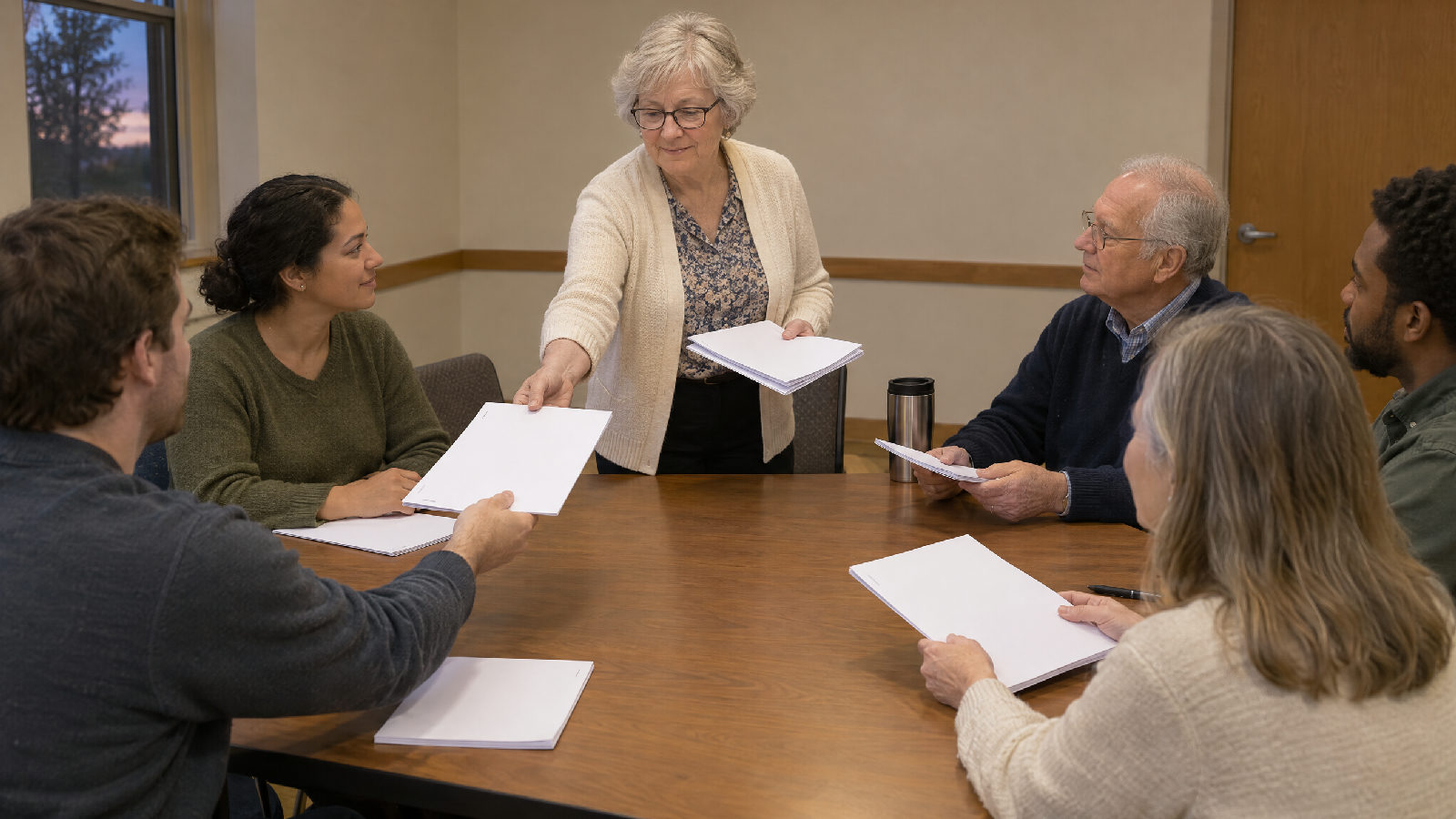A treasurer handing out packets to board members around a table