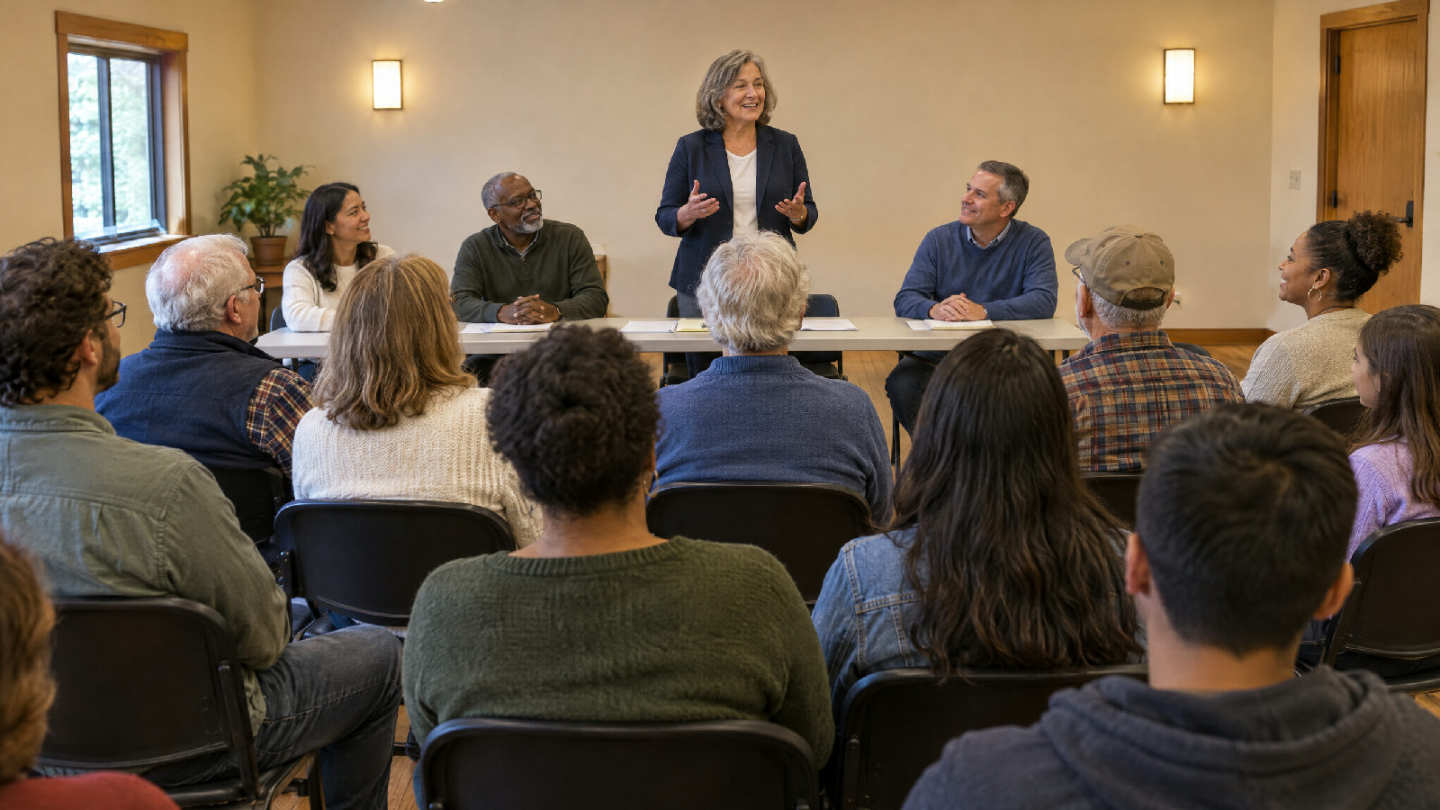 Residents listening at an annual meeting as a board member speaks