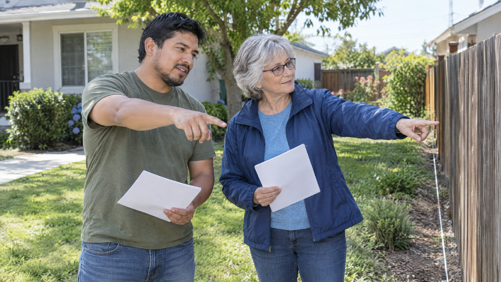 A homeowner showing a board member where a new fence would go