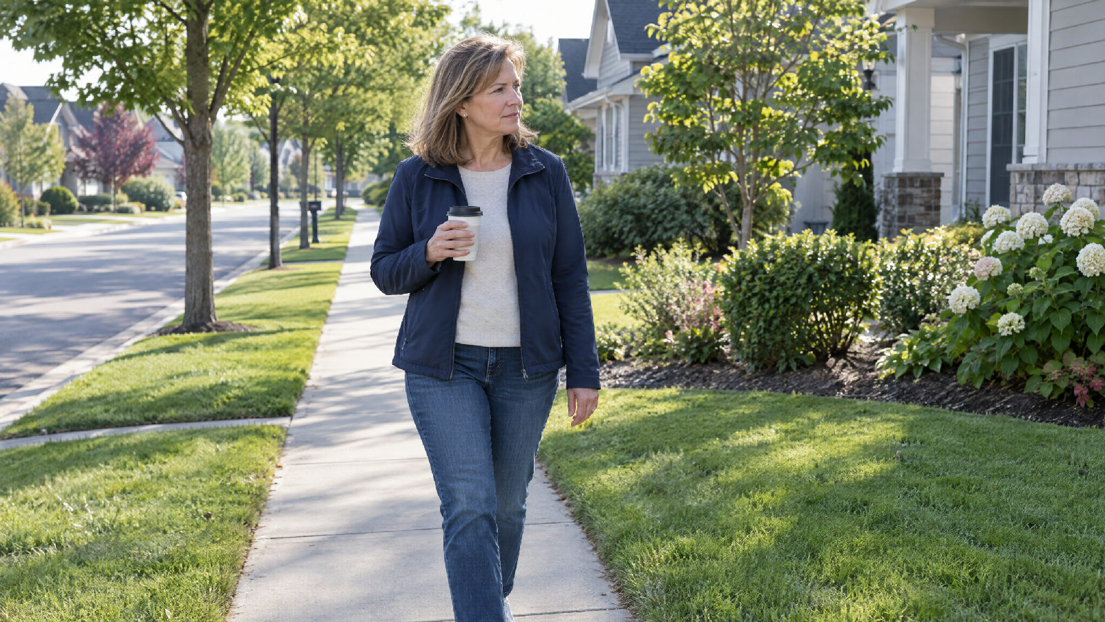 A board member walking the sidewalk in the morning looking at a front lawn