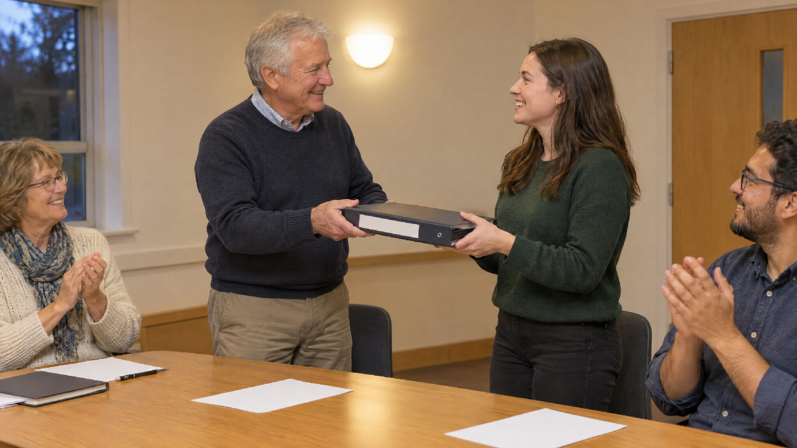 An outgoing board member handing a binder to a newly elected member