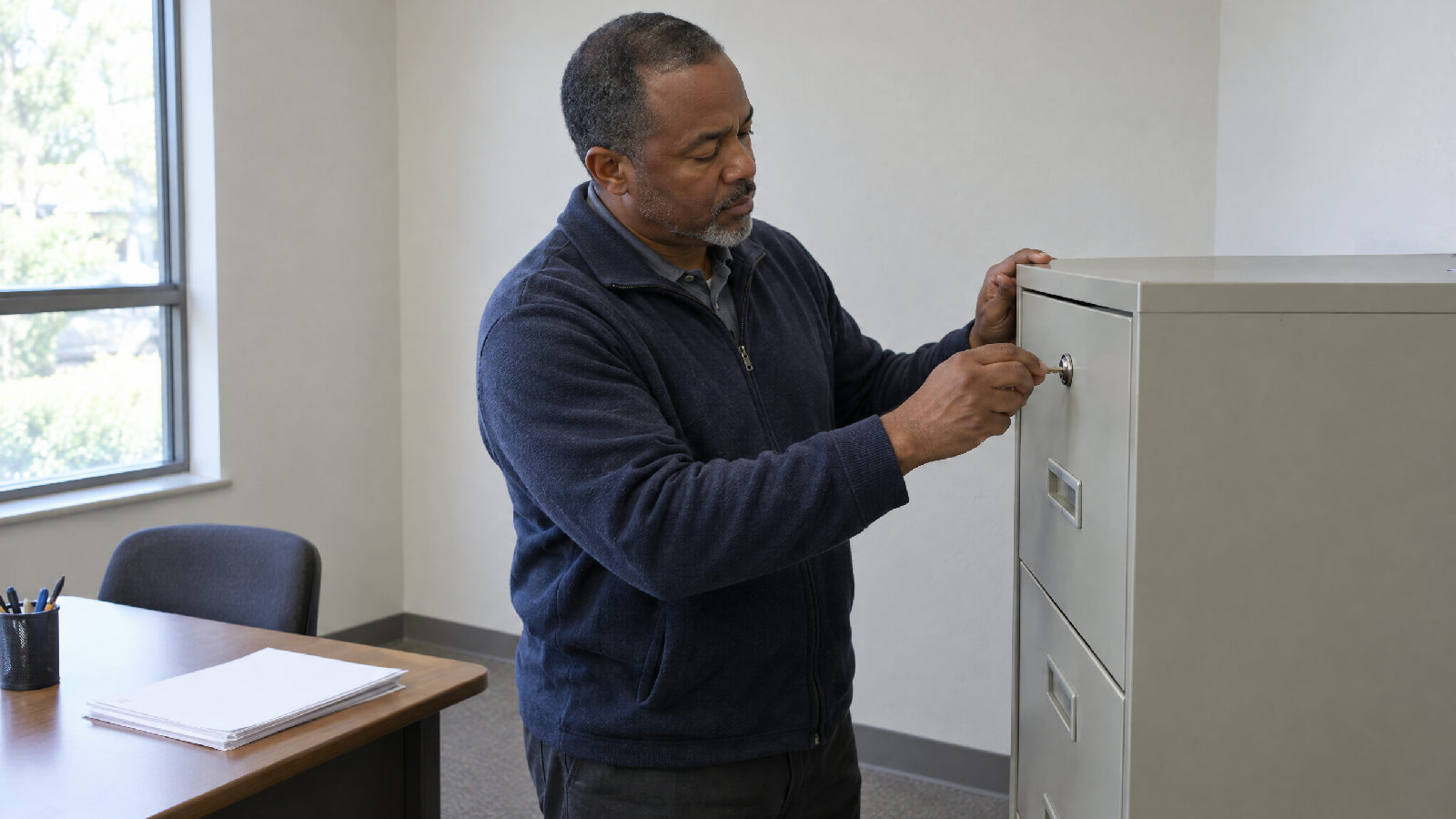A board member locking a plain filing cabinet in the clubhouse office