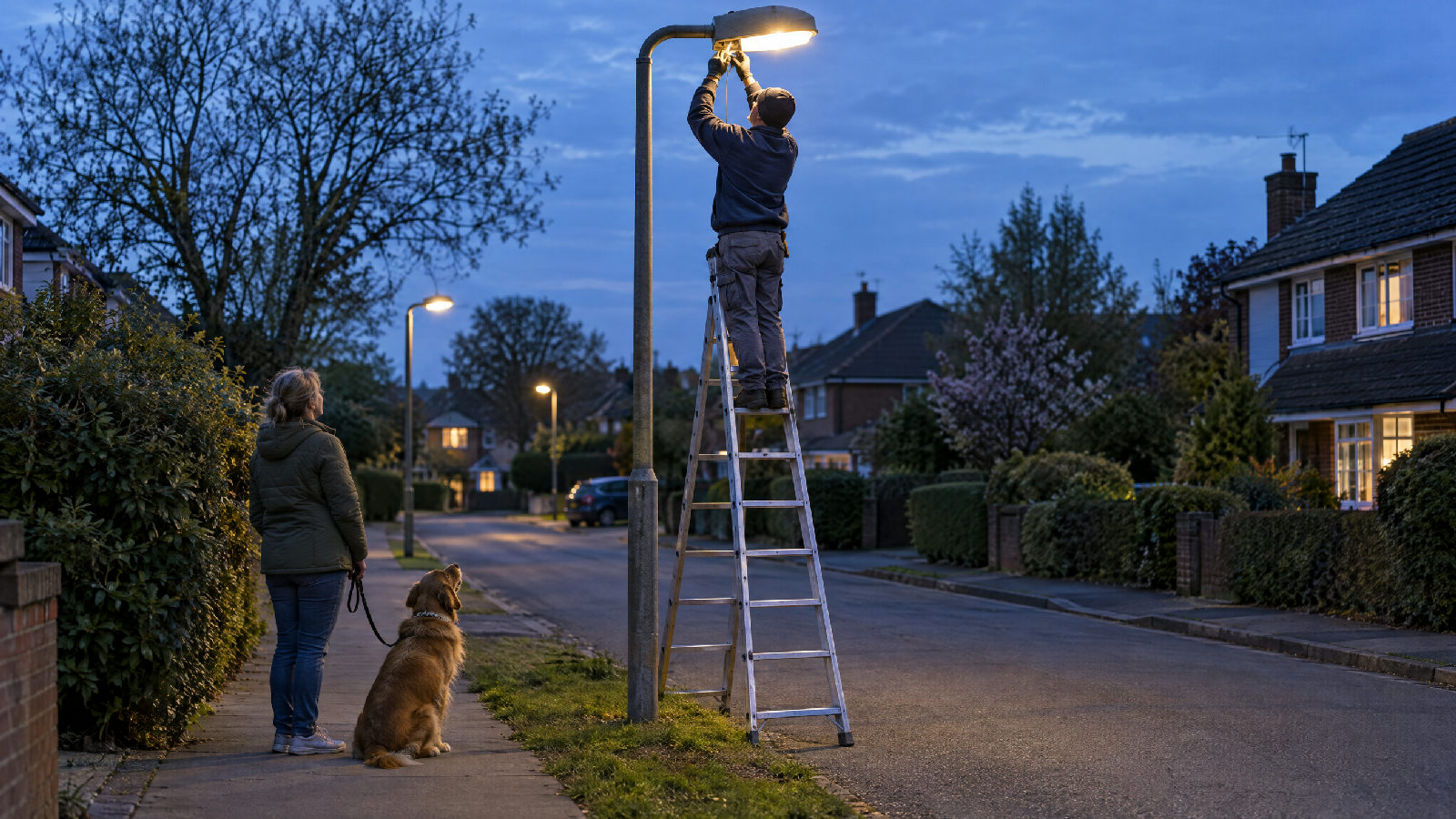 A worker on a ladder repairing a streetlight at dusk while a resident watches
