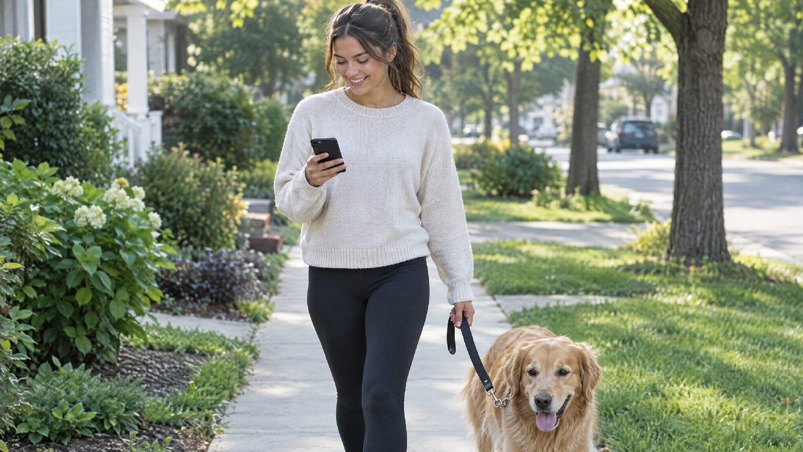 A resident walking her dog and glancing at her phone on the sidewalk