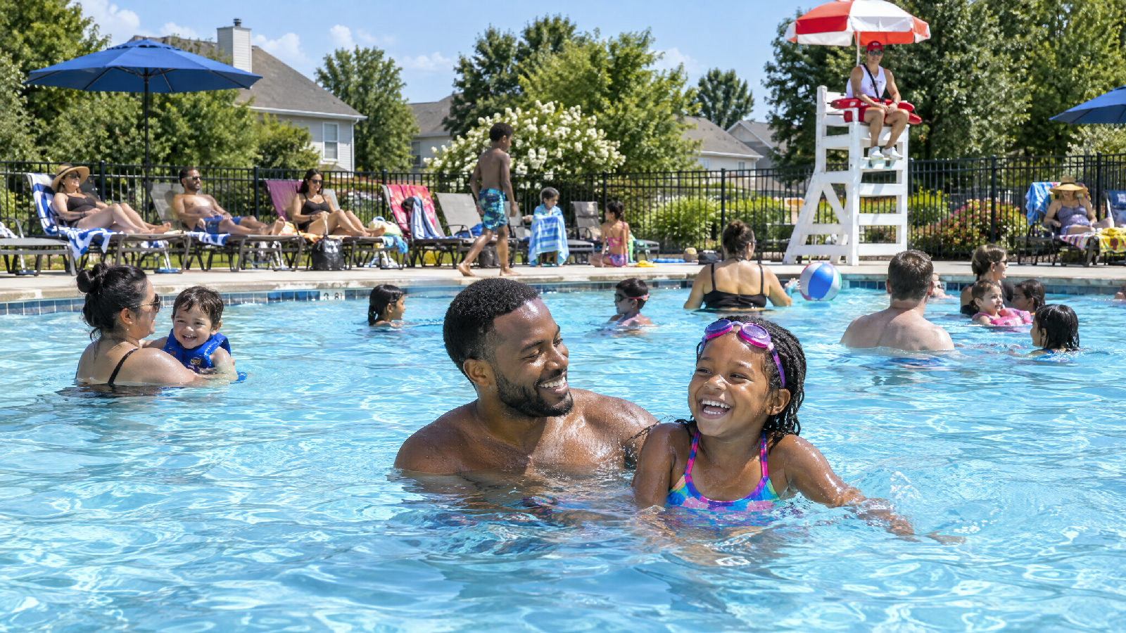 Families enjoying opening day at the community pool
