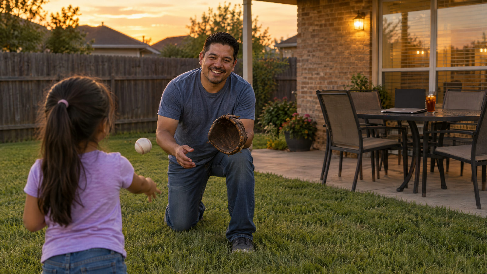 A board member playing catch with his young daughter in the backyard at dusk, a closed laptop on the patio table behind them