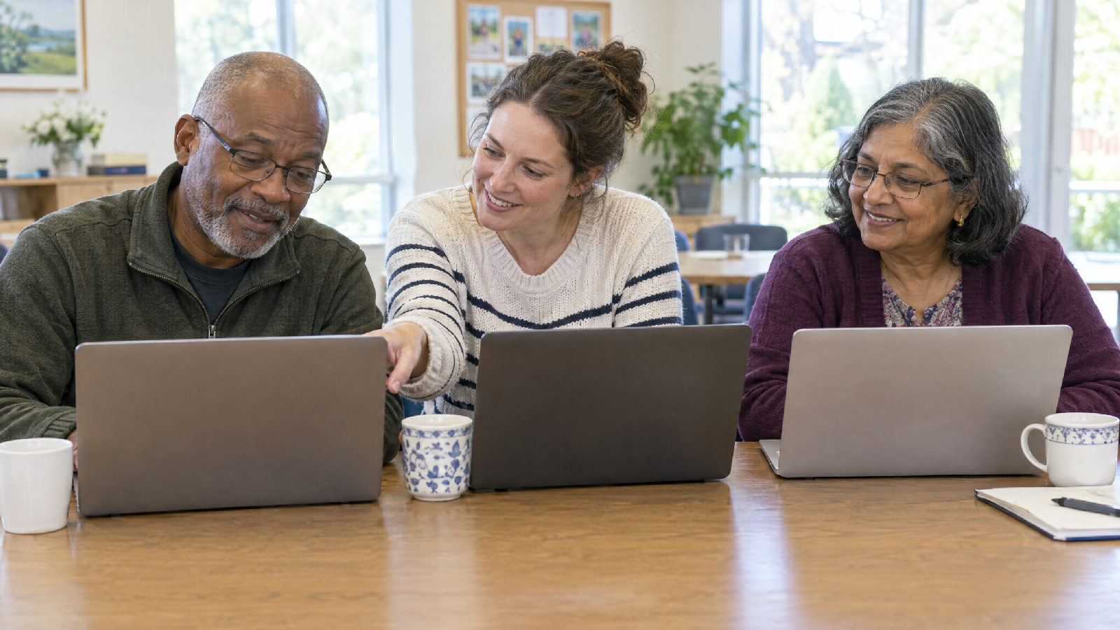 Three board members side by side at a clubhouse table, each with their own laptop, one leaning over to point at her neighbour's screen as he nods