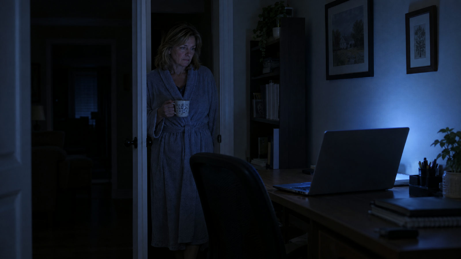 A board member in a robe pausing in a dark doorway at night, looking at a laptop left open on a desk, its screen glowing away from the camera