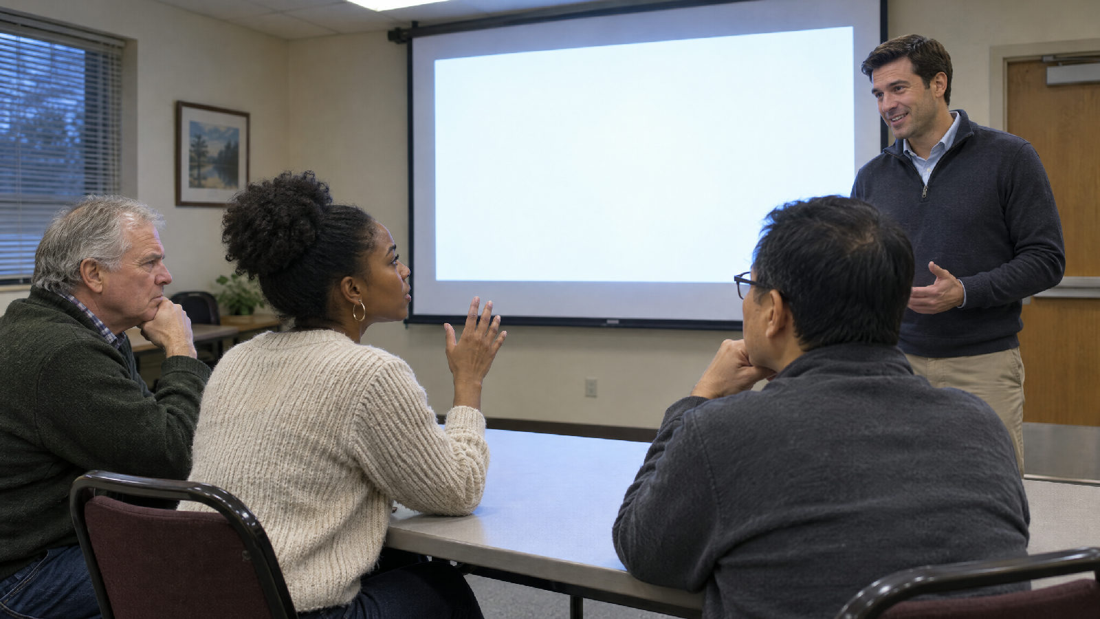 Three board members at a table facing a sales representative beside a blank projector screen while one member raises her hand to ask a question