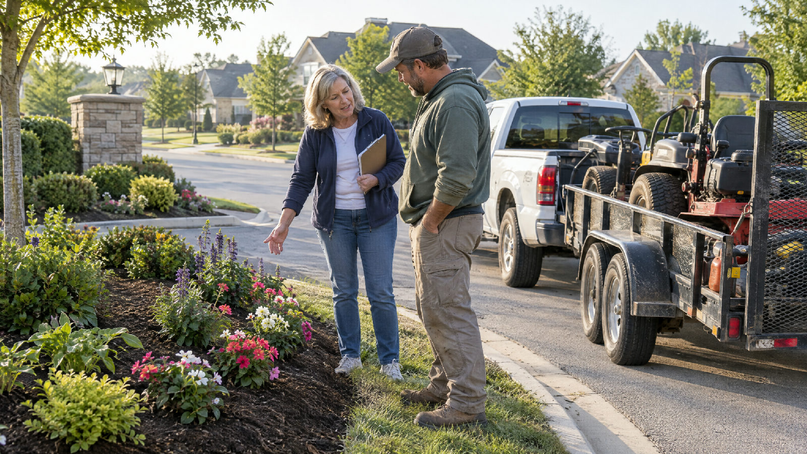 A board member talking with a landscaping contractor beside his truck at the community entrance