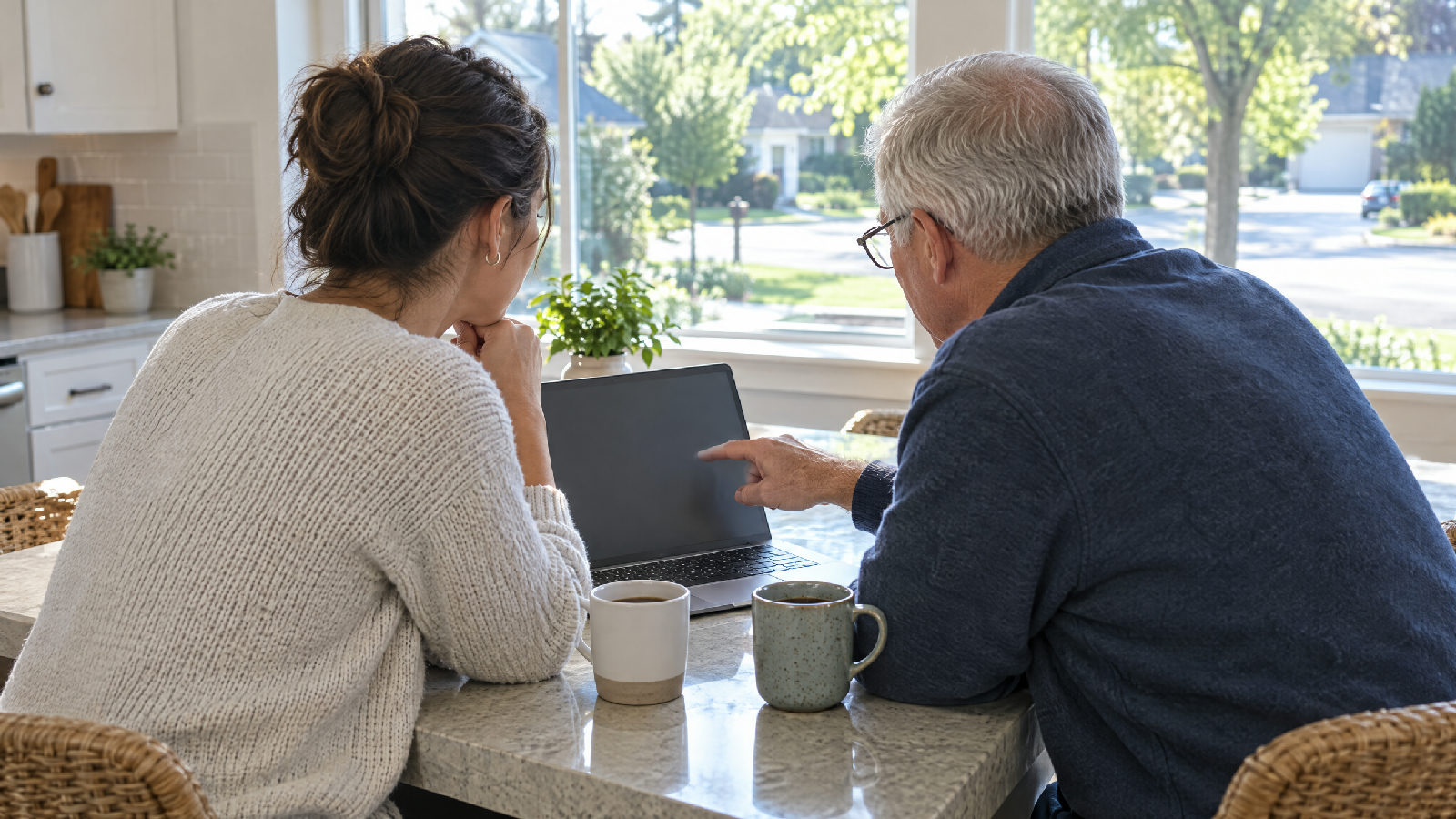 Two volunteer board members reading a laptop together at a sunny kitchen island on a weekend morning