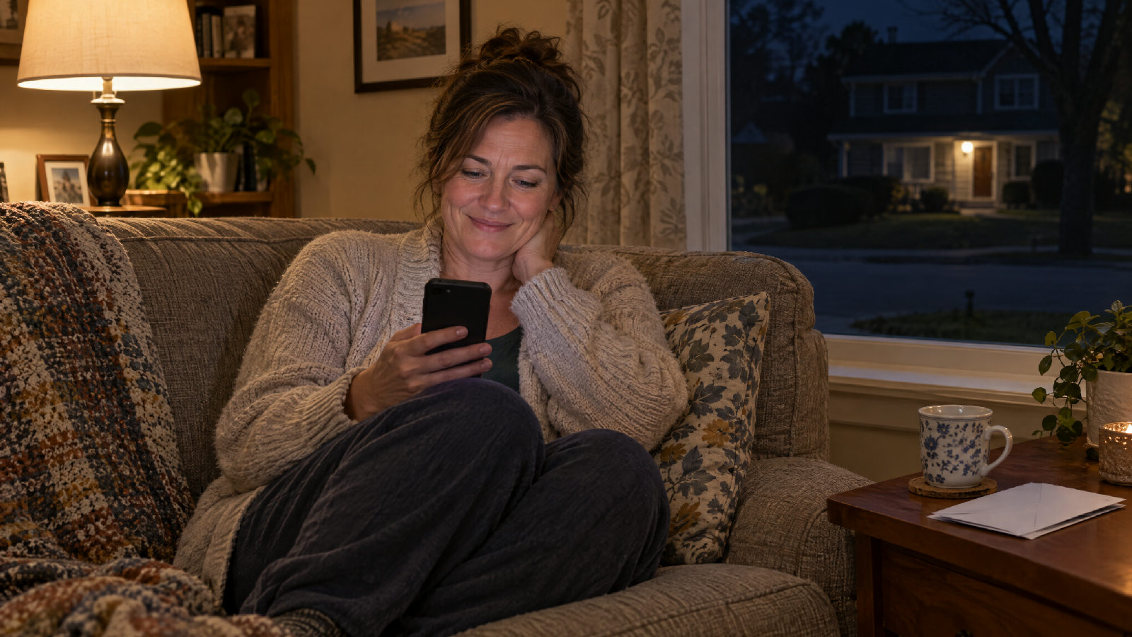 A homeowner on her sofa late in the evening looking at her phone with a relieved smile, the street outside dark