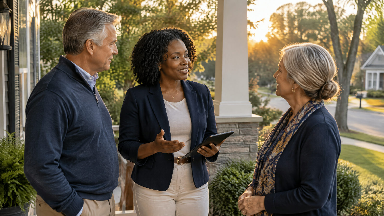 Three volunteer board members talking on a front porch at golden hour