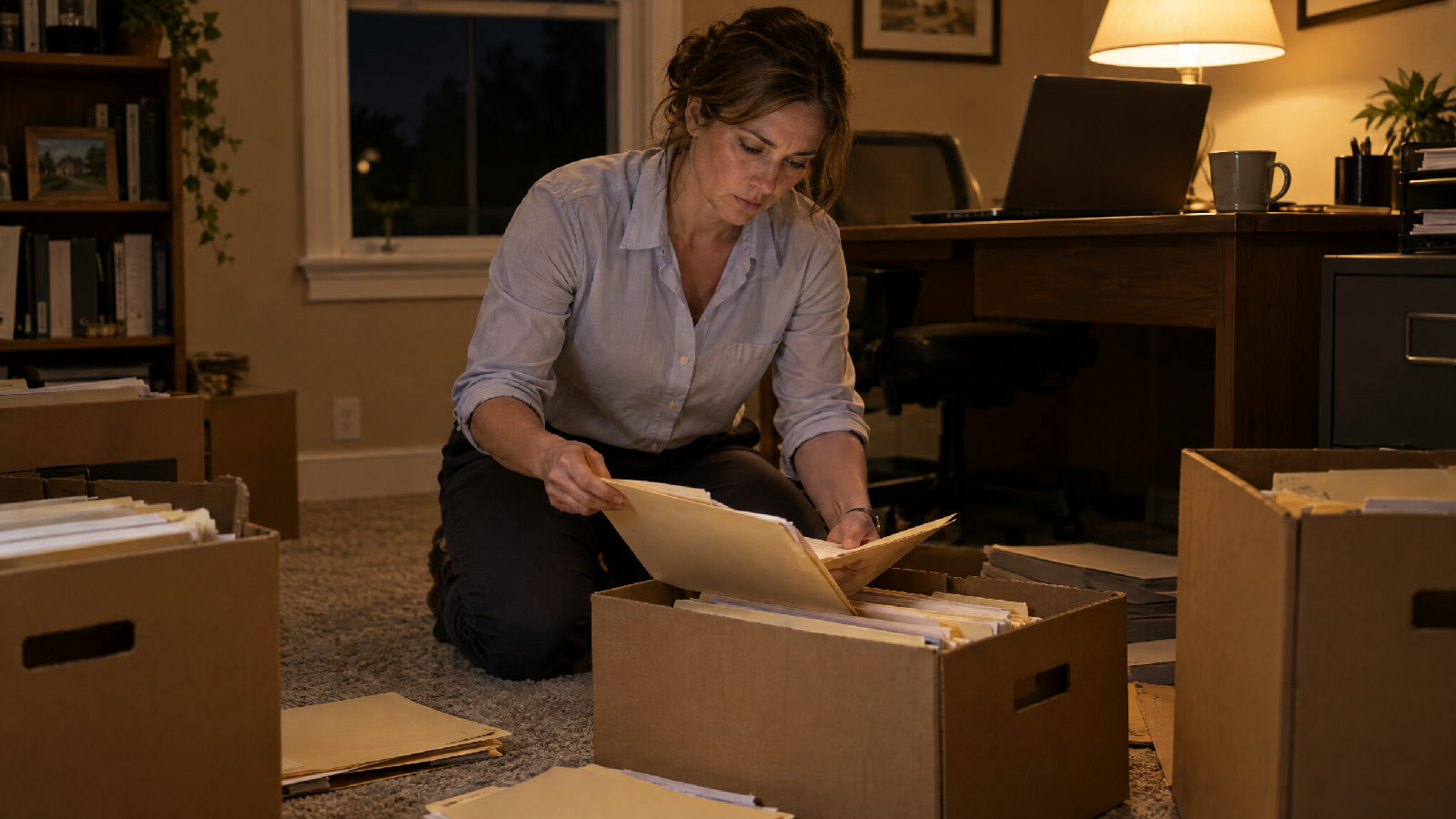 **Again.** The fee is gone, and the volunteer treasurer is digging for the one document a homeowner asked for, at 11pm. A volunteer treasurer kneeling among open file boxes late at night, searching through a folder by lamplight