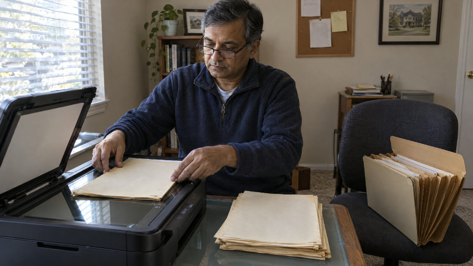 **An incomplete folder that exists.** Twenty minutes of dropping in the declaration, the bylaws and every amendment you can find. A board secretary laying an old document face down on a home scanner beside a small pile of papers