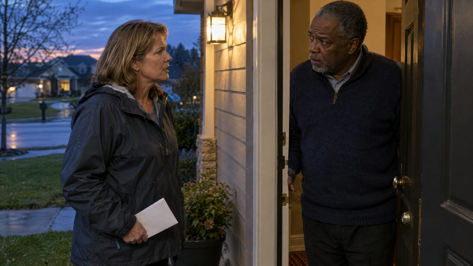 **A deadline someone else set.** Left for a records request, the same small fix arrives with a homeowner already waiting. A homeowner at a board member's front door at dusk, holding a folded letter while he listens with a worried look
