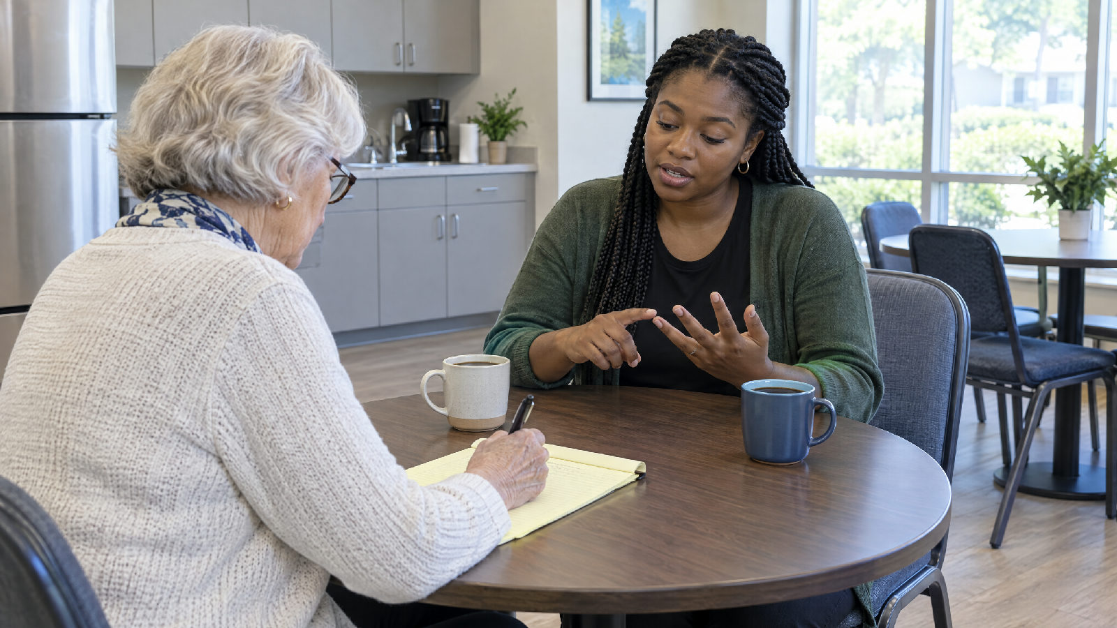 **Fifteen minutes, two people, one list.** Every system the community depends on, and who can actually log in to it. Two board members at a small clubhouse table, one writing a list while the other counts off items on her fingers