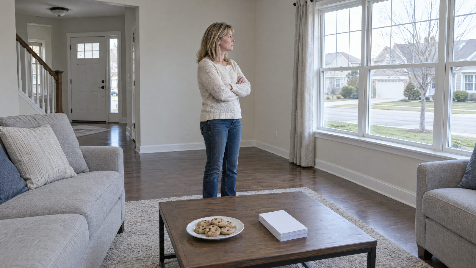 A homeowner alone in the staged living room of her house during an open house, arms folded, watching a quiet street with no visitors