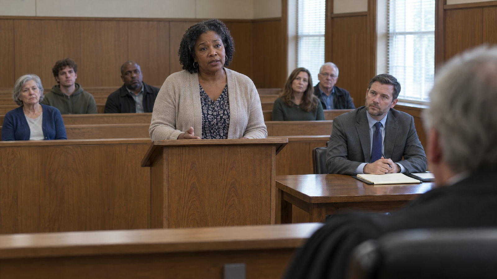 A homeowner standing at a lectern in a small county courtroom, speaking toward the judge's bench while a lawyer waits beside her and neighbours sit behind