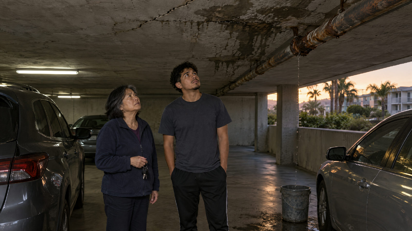 Two condo residents in the parking garage under their building looking up at a cracked, water-stained concrete deck and corroded pipes overhead