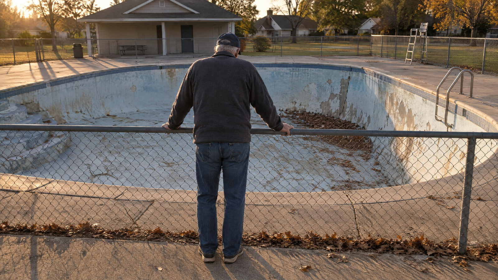 A homeowner at the fence of a drained community pool, looking down at cracked, peeling plaster and dry leaves in the deep end