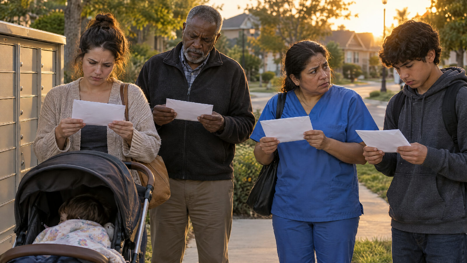 Four neighbours at a cluster mailbox in the evening, each reading the same letter from an identical envelope, one frowning
