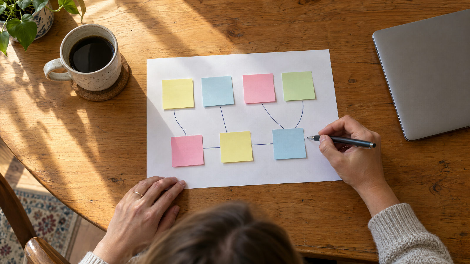 Overhead view of a kitchen table with a sheet of paper, seven colored sticky notes and a hand drawing connecting lines between them