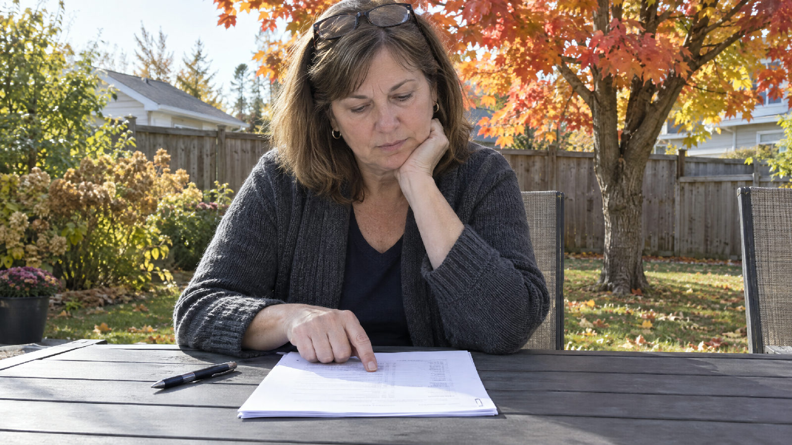 A board president at a backyard patio table in autumn counting down a printed budget draft with one finger