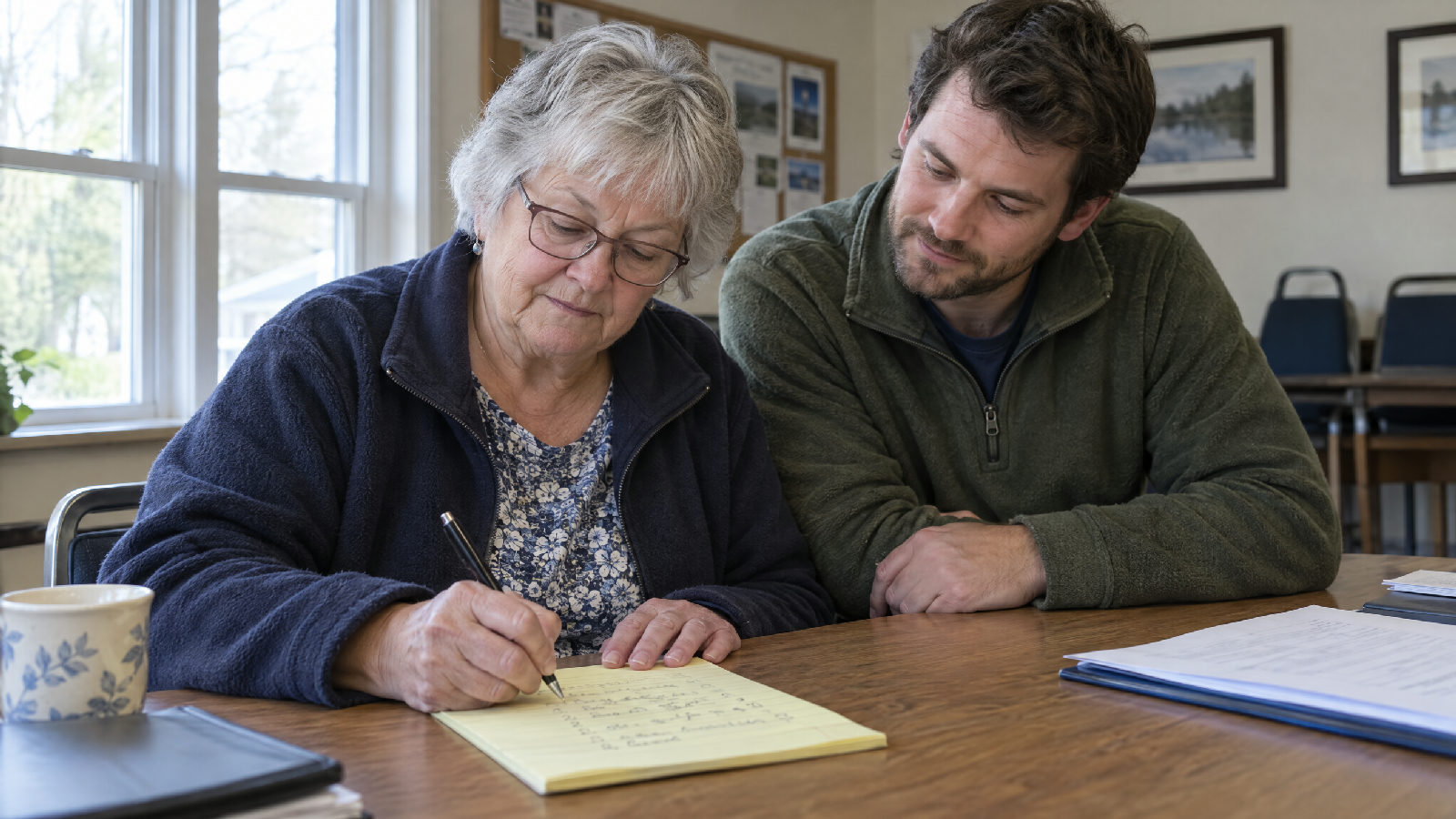 A board secretary writing a short numbered list on a notepad while a younger board member reads over her shoulder