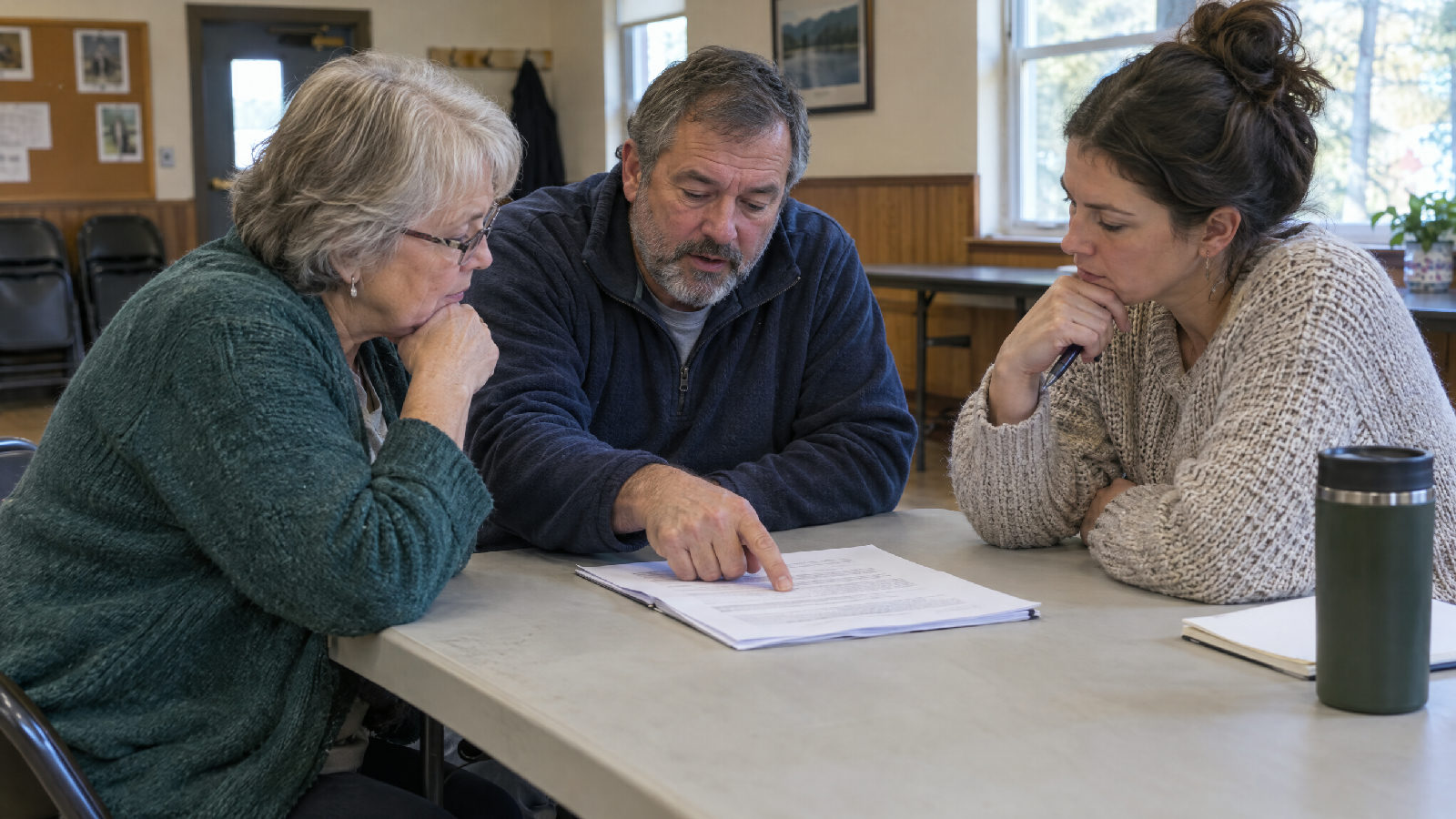 Three board members around a clubhouse table, one pointing at a line on a printed document while the others lean in