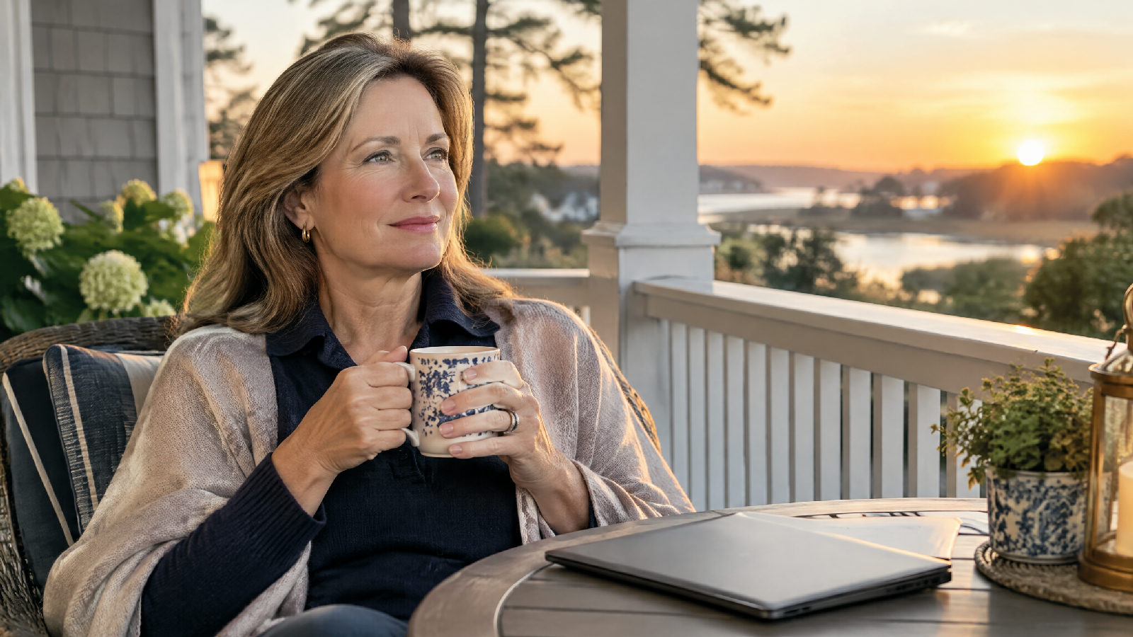 A relaxed treasurer with coffee on a porch at sunrise