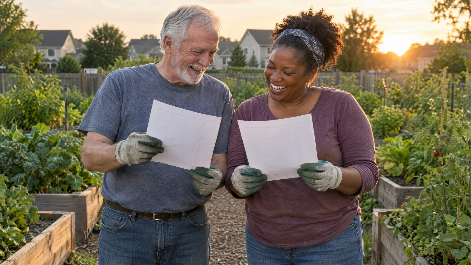 Two board members in a community garden holding up two printed lists side by side and laughing as they realise they are the same