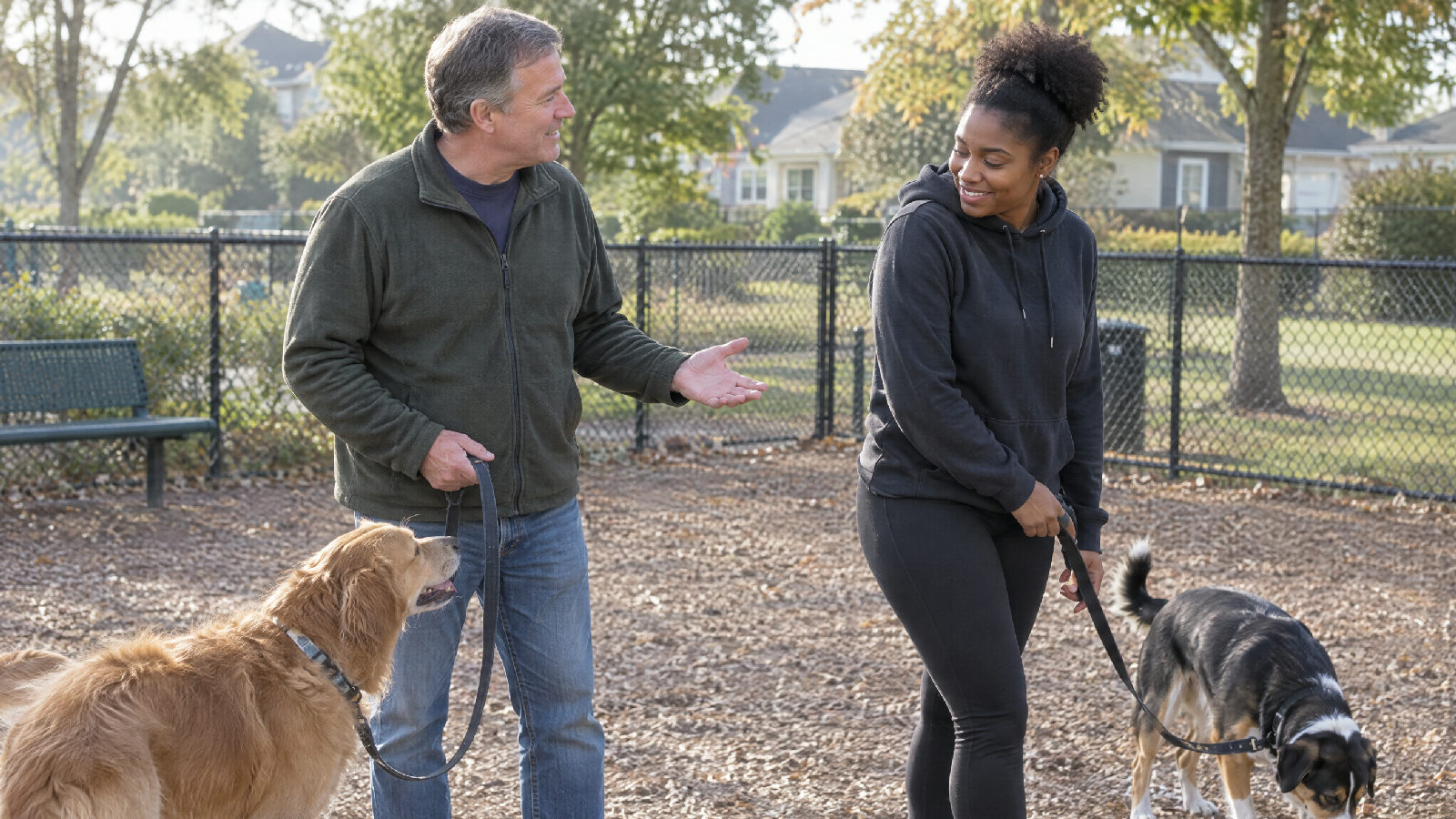 A board member at a neighbourhood dog park asking a younger neighbour something with an open hand while she smiles and hesitates