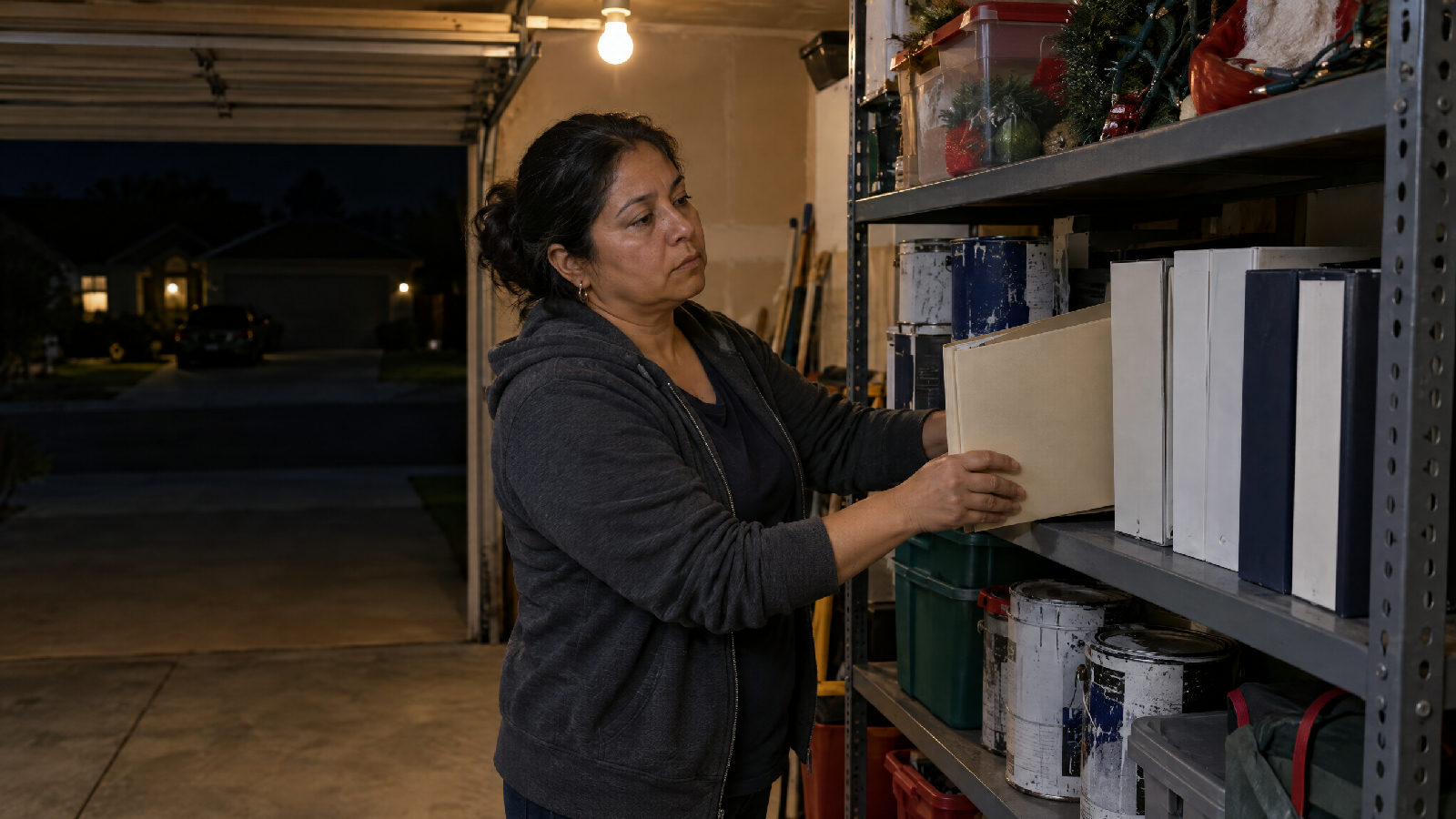 A board member sliding a thick folder onto a crowded garage storage shelf full of old binders and paint cans