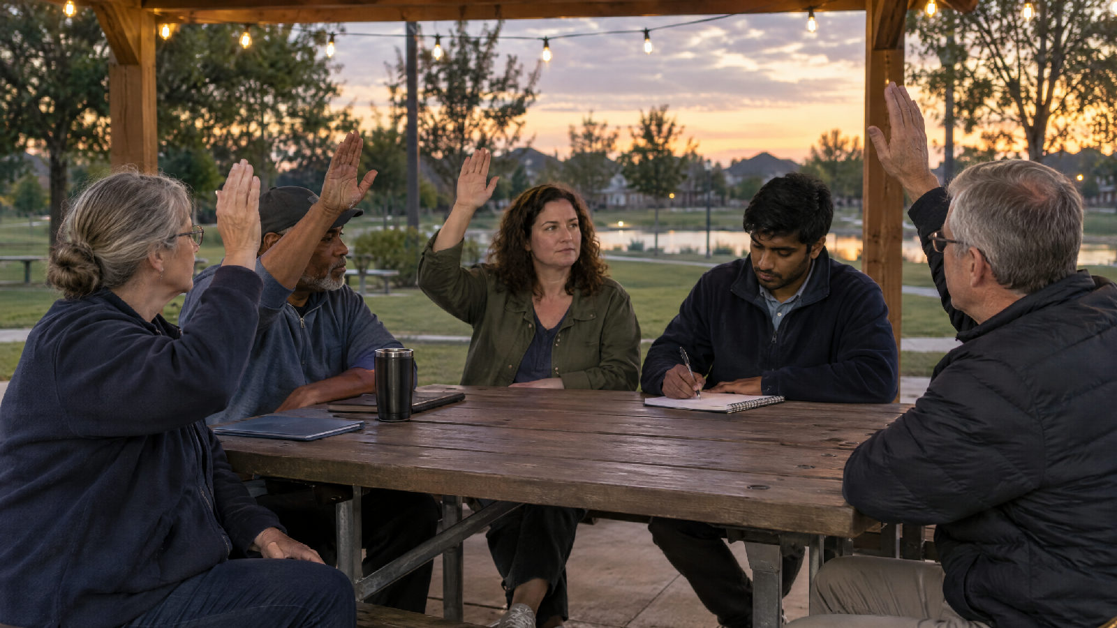Board members at a picnic table under a park shelter at dusk, three raising hands in a vote while the secretary writes in a notebook
