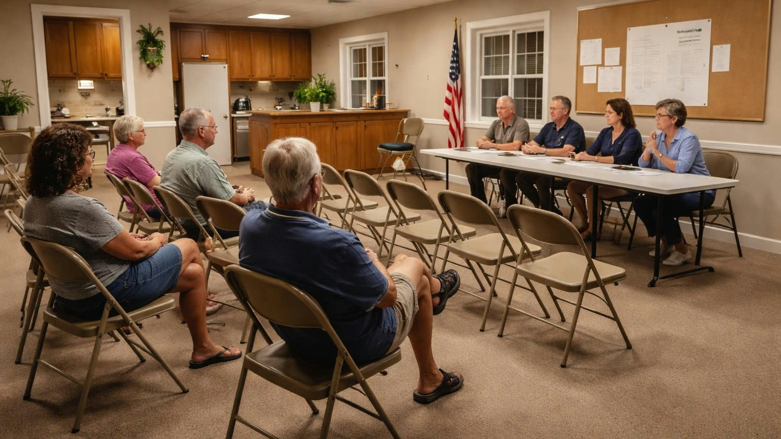 A community clubhouse on a weeknight with only a handful of neighbors in rows of empty folding chairs, the board seated at a table at the front