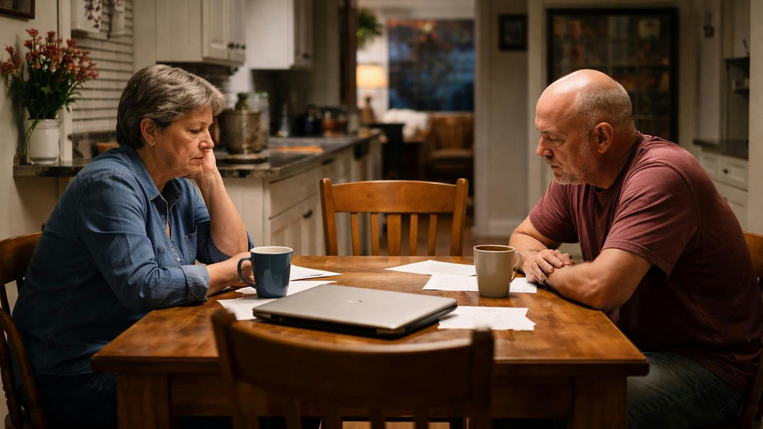**Two left, one empty chair.** Some states let the directors who remain fill it. Two remaining board members sit across from each other at a kitchen table on a weeknight, an empty third chair pulled up between them, a closed laptop and two mugs on the table, no readable text