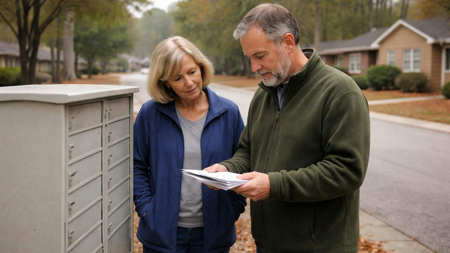 **The second notice.** In California, owners hear about the reconvened meeting at least 15 days before it. Two board members stand at a community mailbox cluster on a grey autumn morning, one holding a short stack of plain envelopes, a quiet street of houses behind them, no readable text