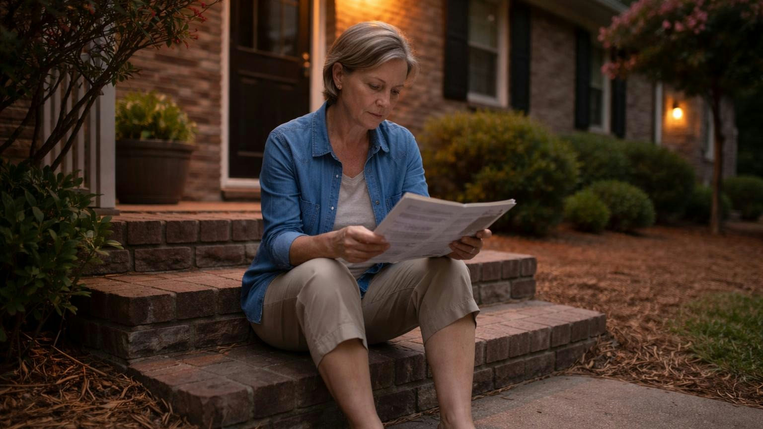 **Read it before the meeting.** The bylaws decide most of what happens if the sign-in sheet comes up short. A board president sits on her front porch steps at dusk reading a thin stapled booklet of bylaws, a pencil tucked behind her ear, porch light on, no readable text
