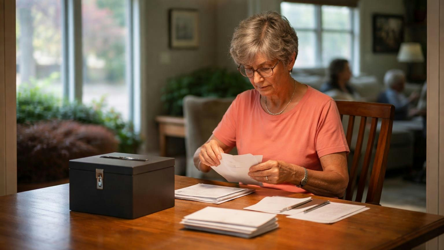 **The ballots count too.** In California, every ballot received is an owner present for quorum. A volunteer at a dining-room table under a hanging lamp opens a short stack of plain sealed envelopes beside a small locked drop box, no readable text