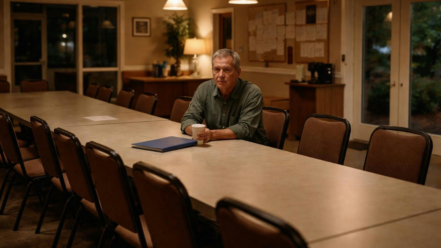 **Still in the seat.** In the states checked here, the director whose term ended keeps serving until a successor is chosen. A director in his sixties sits alone at the end of a long clubhouse table after a meeting, chairs pushed back around him, a closed folder and a coffee cup in front of him, warm lamp light, no readable text