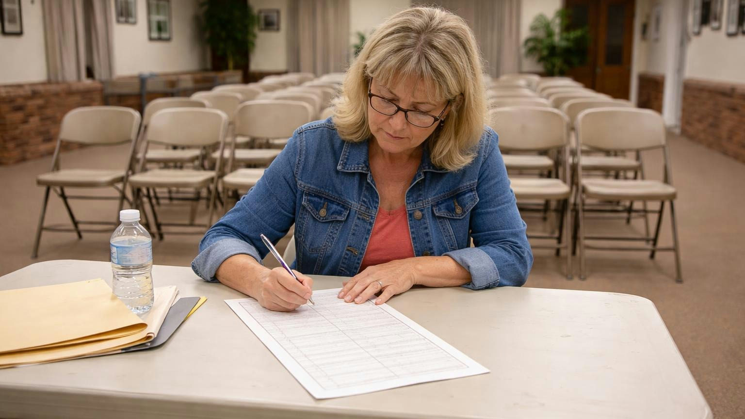 **Nine names short.** The meeting cannot elect anyone. The board does not disappear. A board secretary at a folding table in a half-empty community clubhouse on a weeknight, running a pen down a long sign-in sheet shown only as loose grey lines, rows of empty folding chairs behind her, no readable text