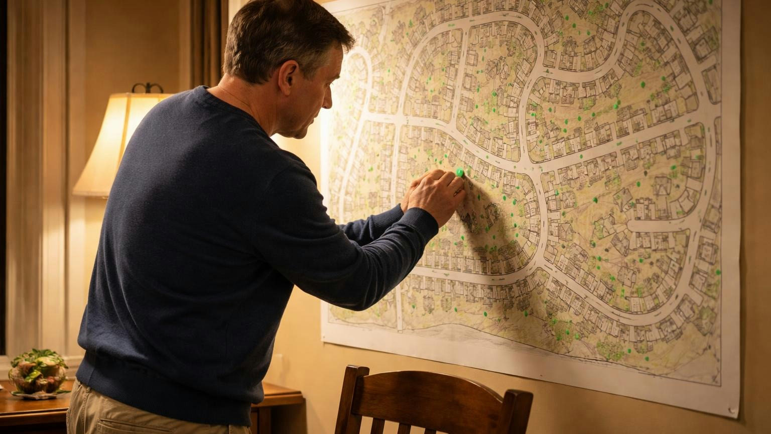A board member at a dining-room wall pressing green dot stickers onto the houses of a large hand-drawn map of curving neighborhood streets, evening lamp light